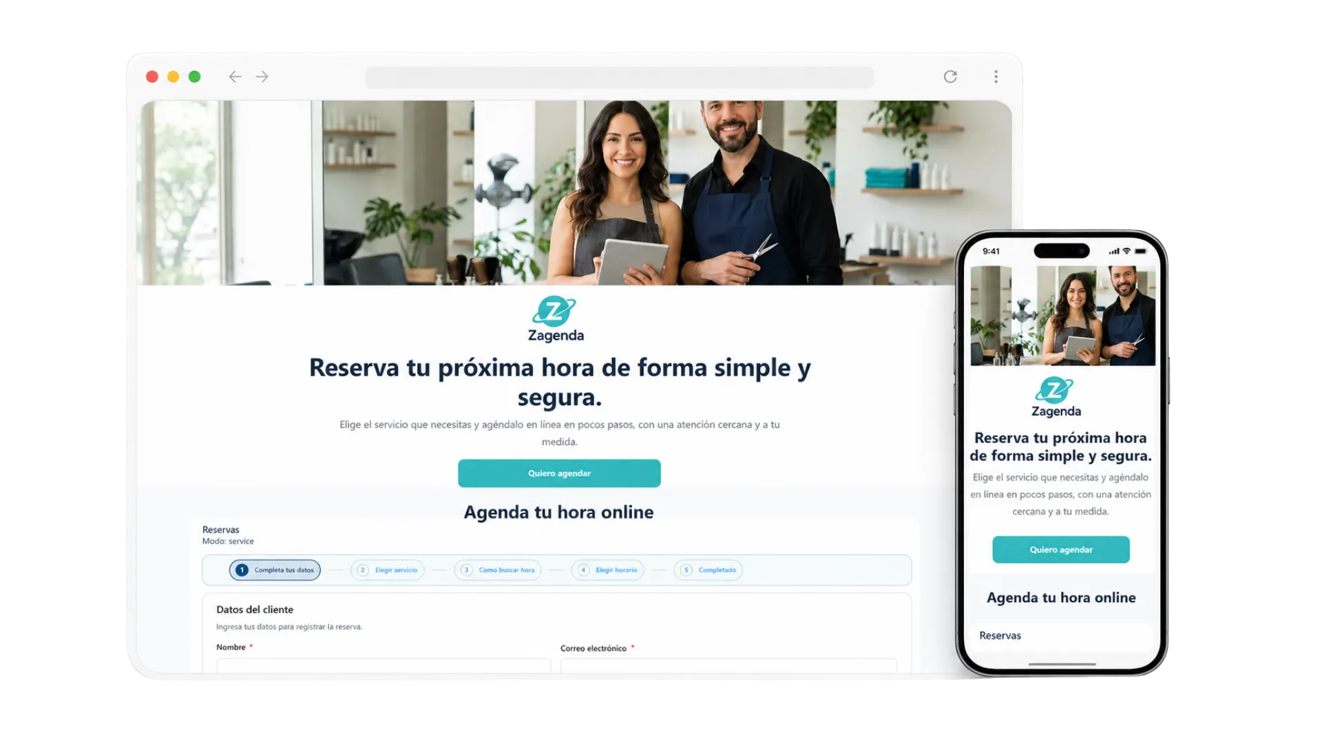 Página pública de reservas de un salón, en navegador y en teléfono: el formulario recorre los pasos de agendar, del servicio al horario.