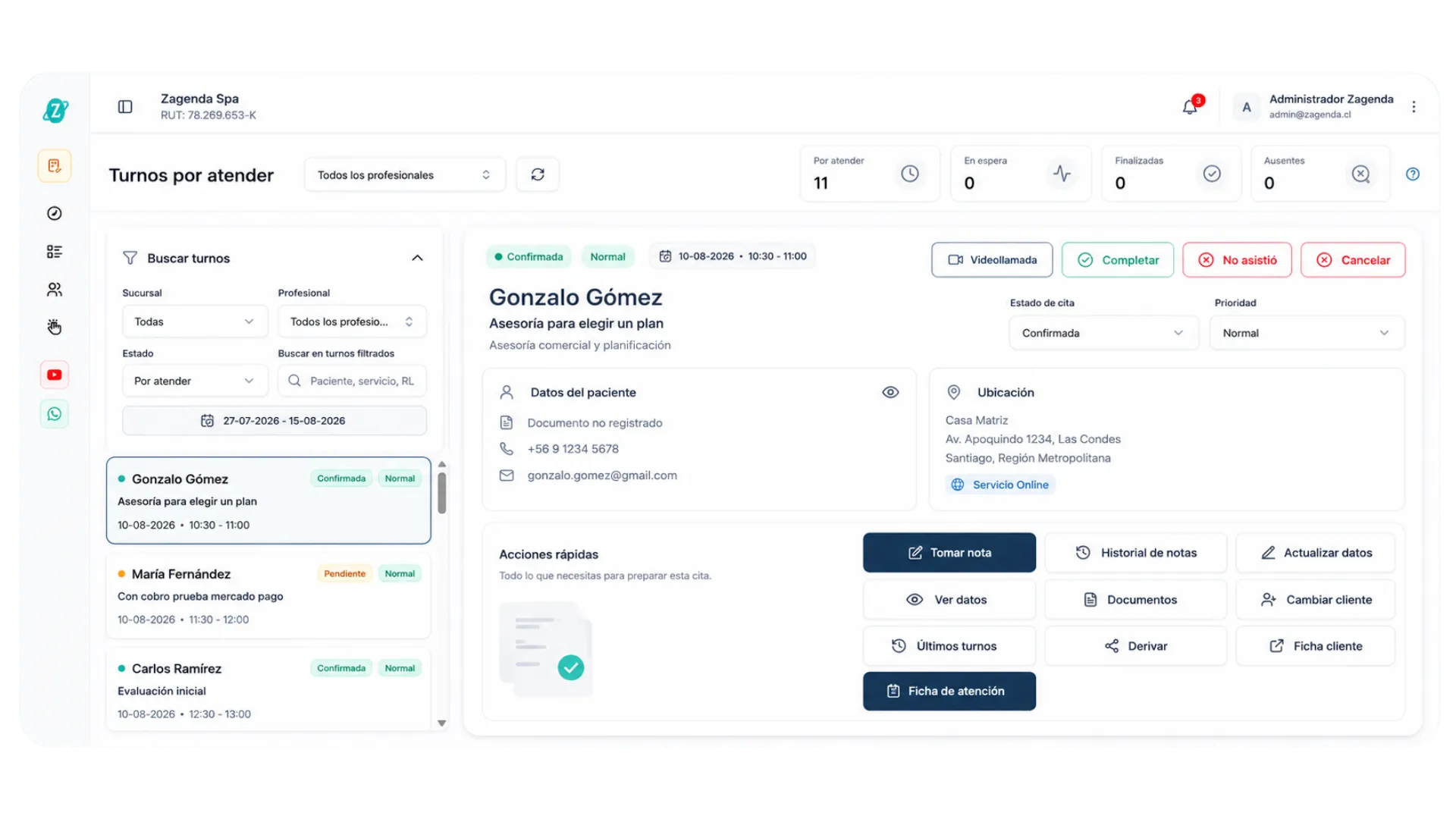 Pantalla de gestión de reservas de Zagenda: la lista de turnos por atender junto al detalle de una reserva, con su estado, su servicio, su horario y los datos de contacto del cliente.