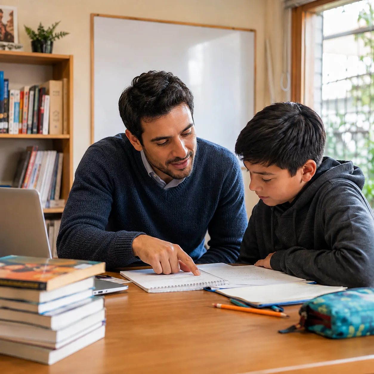 Profesor apoyado en el borde de un escritorio en una sala luminosa, tomando notas en una tablet junto a una pizarra con diagramas y una estantería con libros