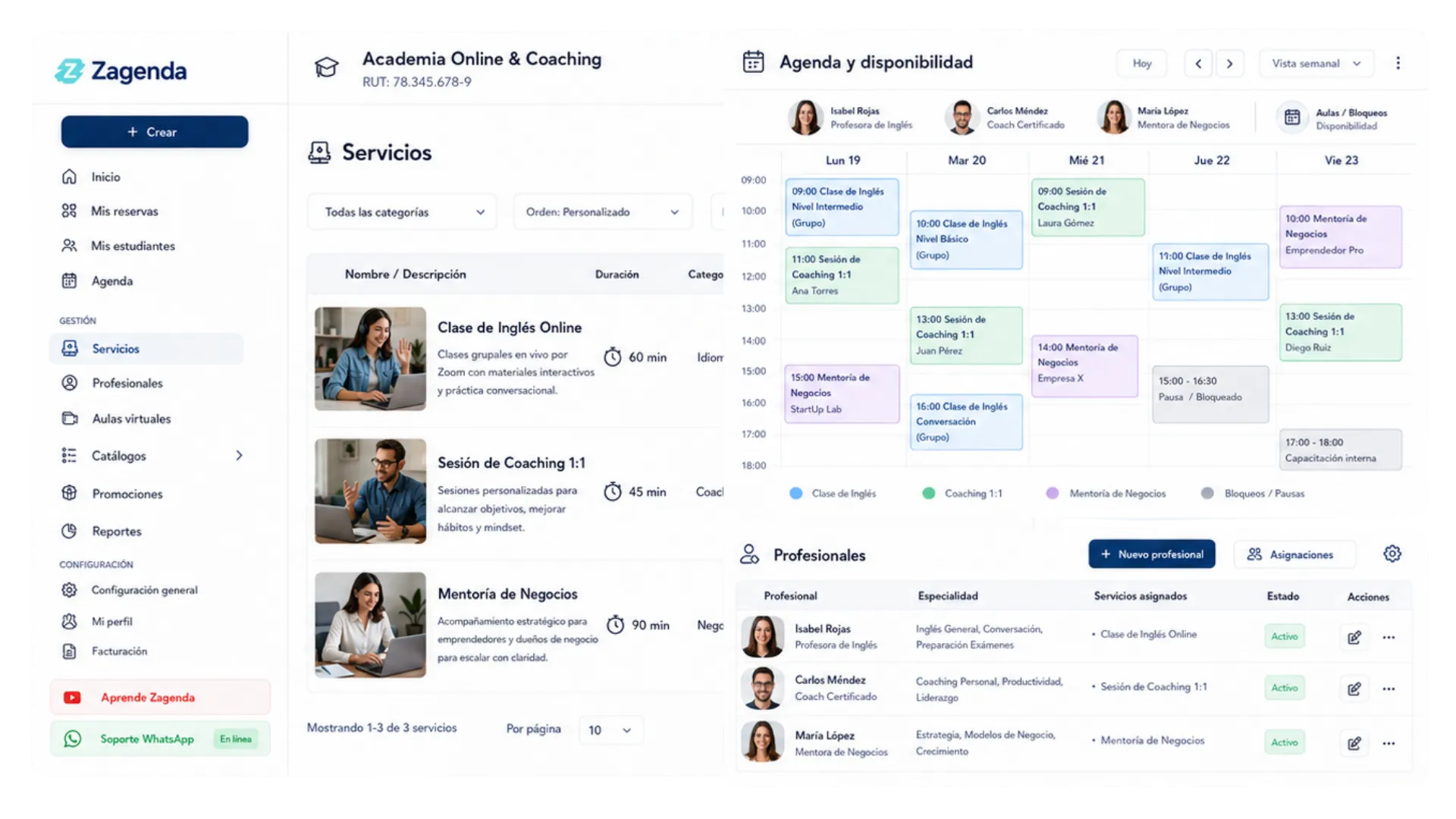 Pantalla de servicios de Zagenda: cada servicio con su duración y su categoría, junto a la agenda semanal donde se reparten por profesional.