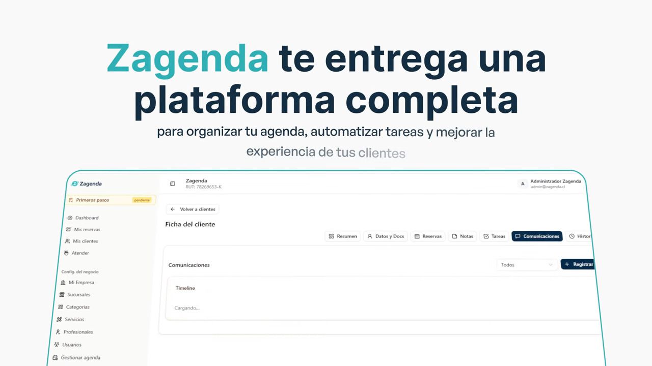 Fotograma del video de Zagenda: el titular «Zagenda te entrega una plataforma completa para organizar tu agenda, automatizar tareas y mejorar la experiencia de tus clientes» sobre la ficha de un cliente abierta en la plataforma