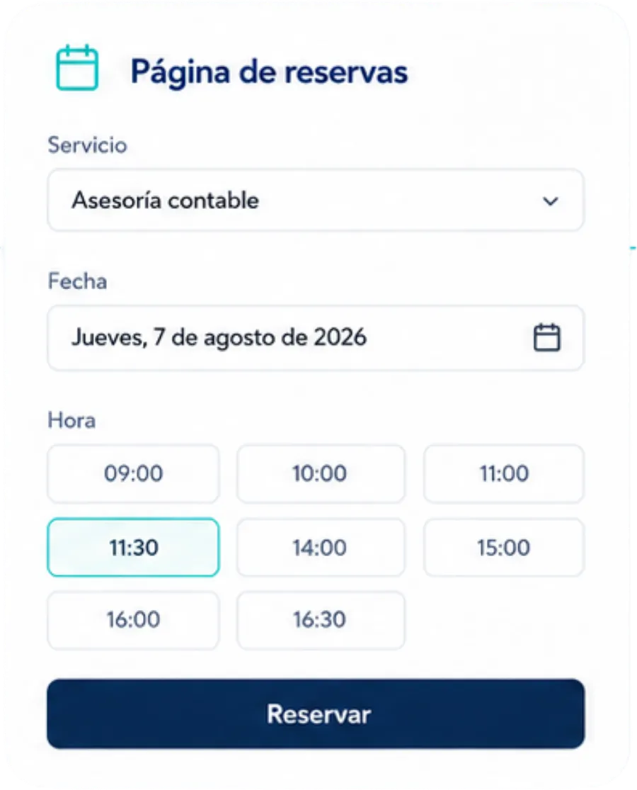 Página de reservas de Zagenda: un cliente elige el servicio, la fecha y una de las horas disponibles antes de confirmar la reserva.
