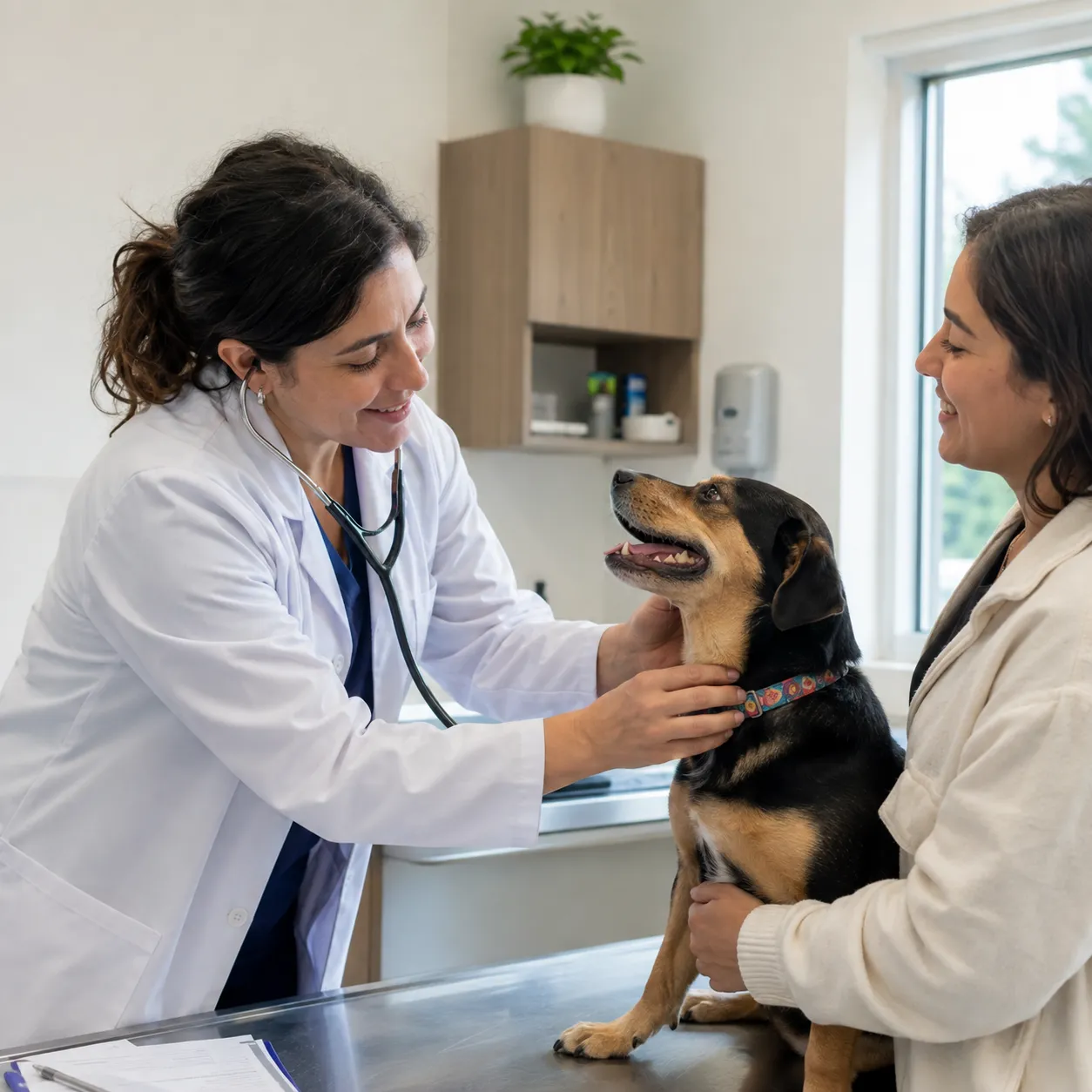 Profesional de un centro veterinario, con uniforme azul y una tablet en la mano, junto a un perro pequeño sentado sobre una toalla en el mesón de recepción de un local luminoso