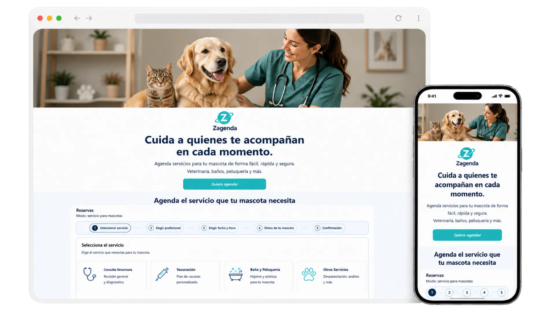 Página pública de reservas de un centro veterinario, en navegador y en teléfono: el cliente elige entre los servicios ofrecidos y recorre los pasos hasta confirmar la hora.
