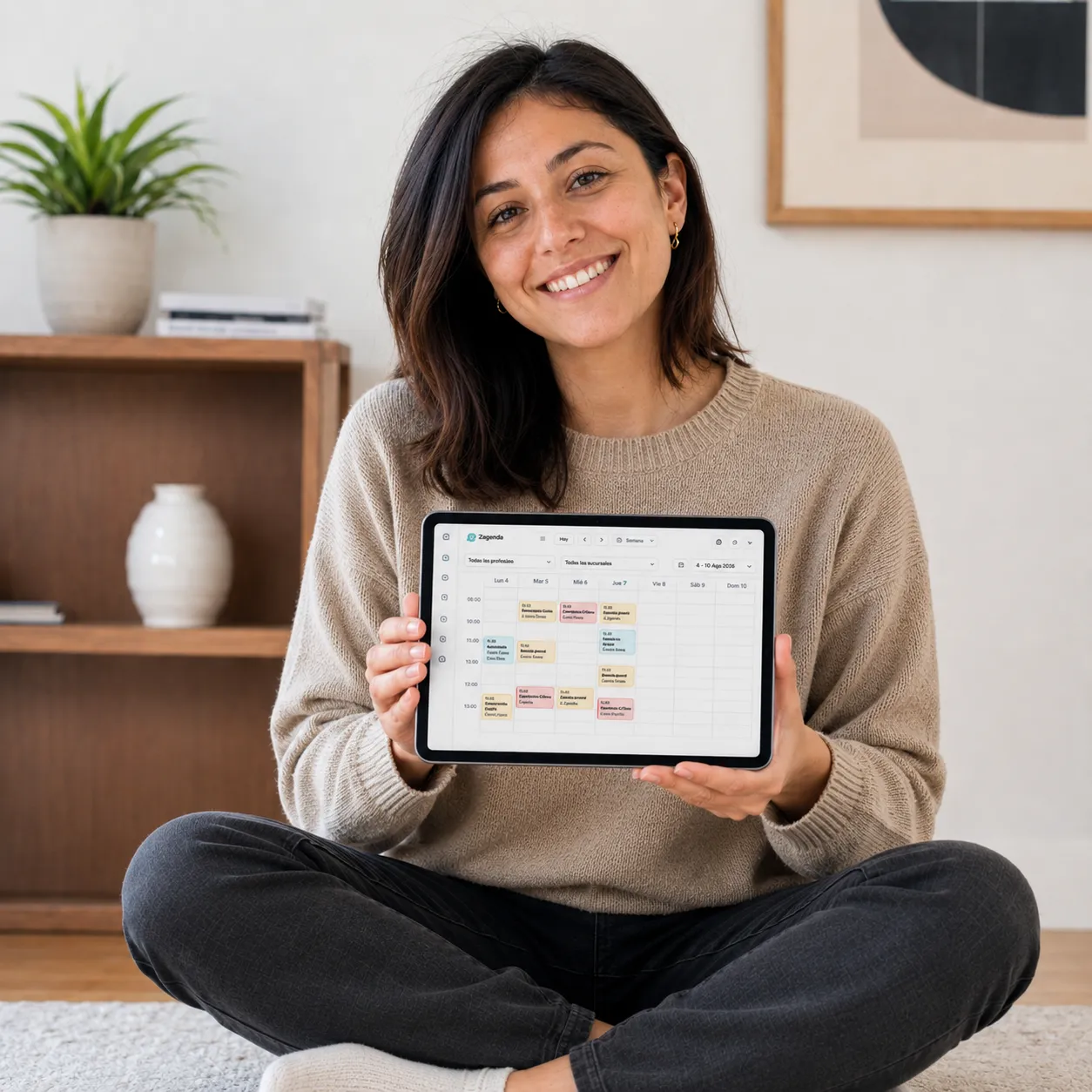 Persona en su escritorio junto a una tablet con un calendario de reservas, un cuaderno y una agenda