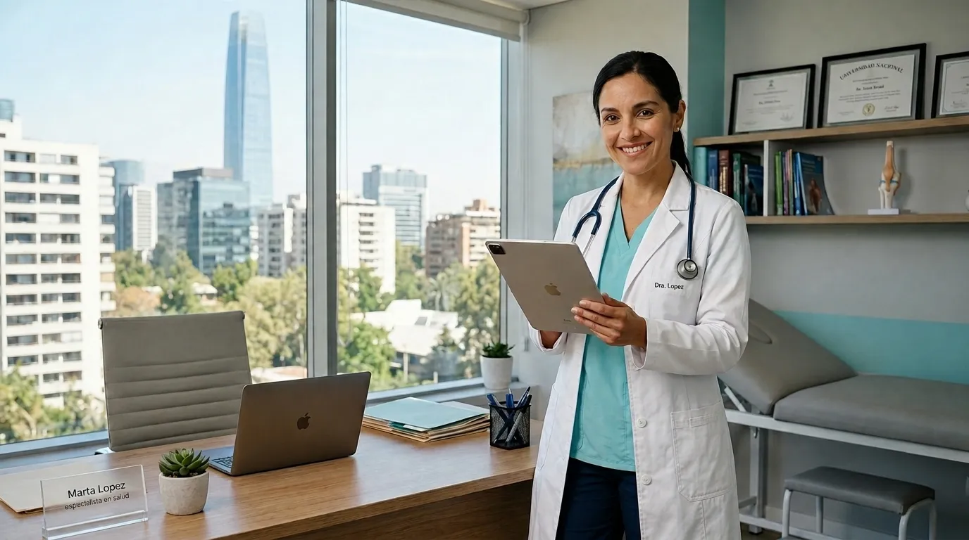 Profesional de la salud, con delantal blanco y estetoscopio, revisa una tablet en su consulta